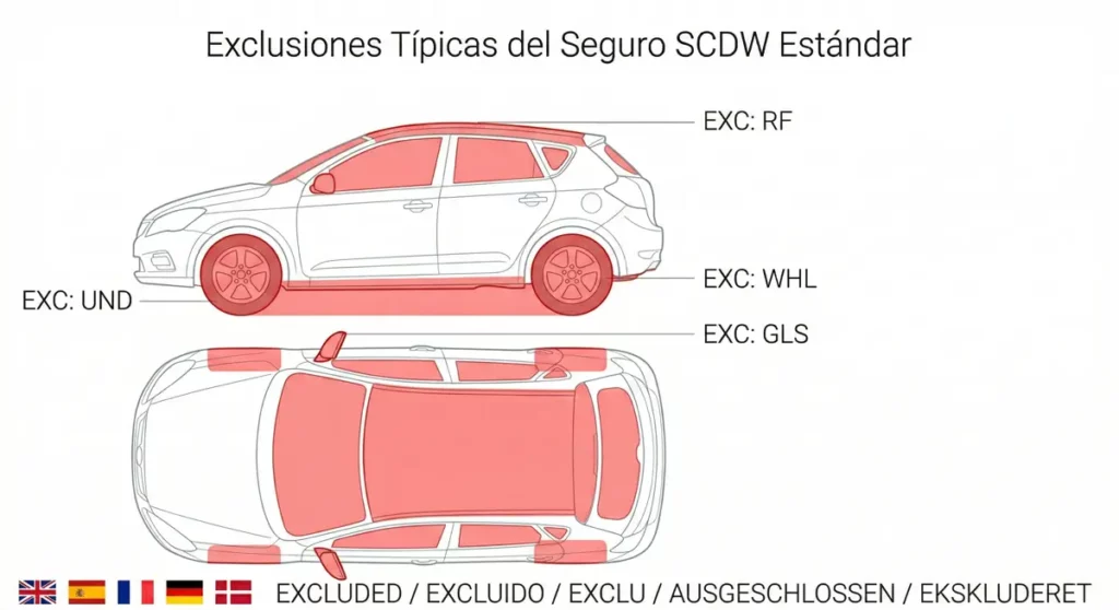 Hire car excess vs. fully comprehensive insurance 1 Diagram of hire car SCDW insurance exclusions with red zones highlighting tyres, roof, windscreen and underbody.