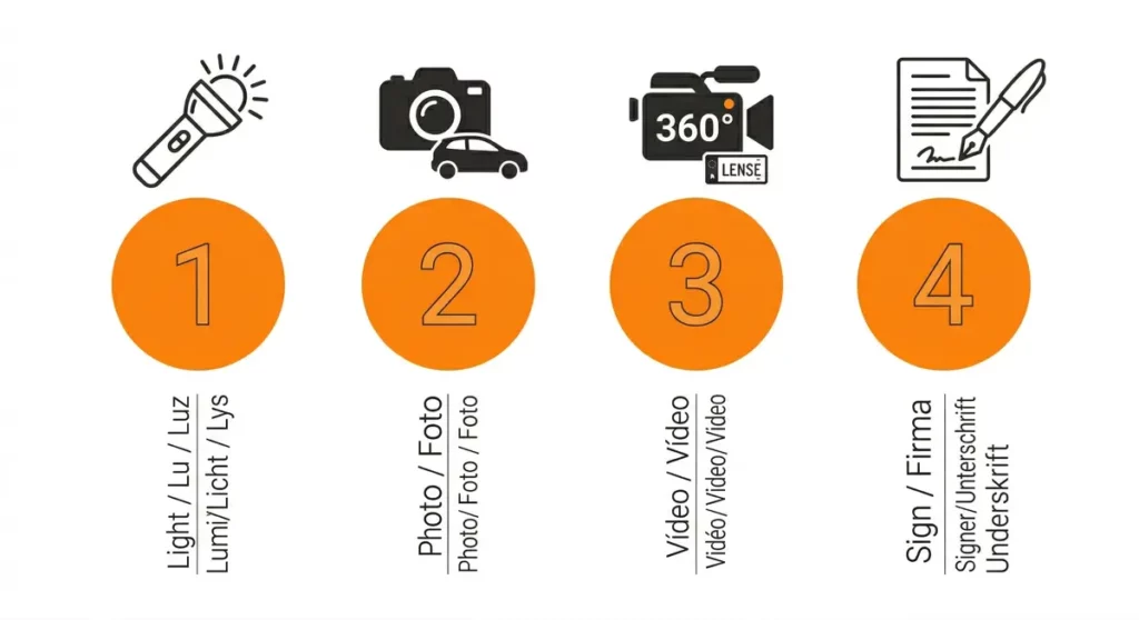 Hire car excess vs. fully comprehensive insurance 2 A visual 4-step checklist for inspecting a hire car before driving away: Light, Photo, Video and Contract