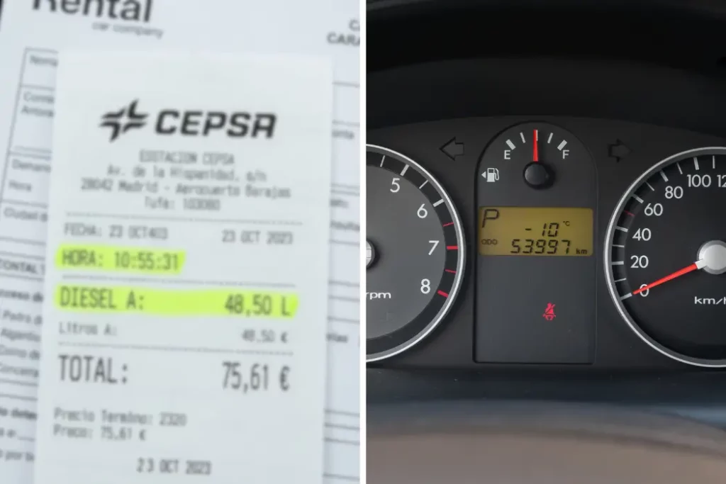 captura de imagen mostrando un ticket de gasolinera y el indicador de gasolina en el depósito 